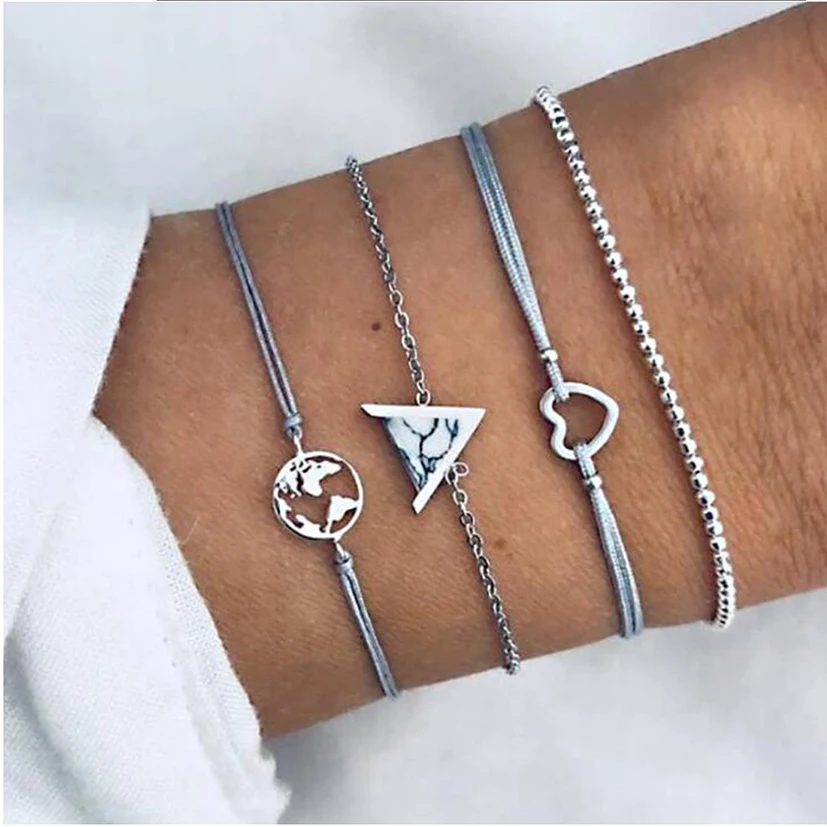 Bracelets Set 4pcs Package World Map Heart Triangle Accessory White Stone Setting Rope Bead chain Silver Color plated Women Gift