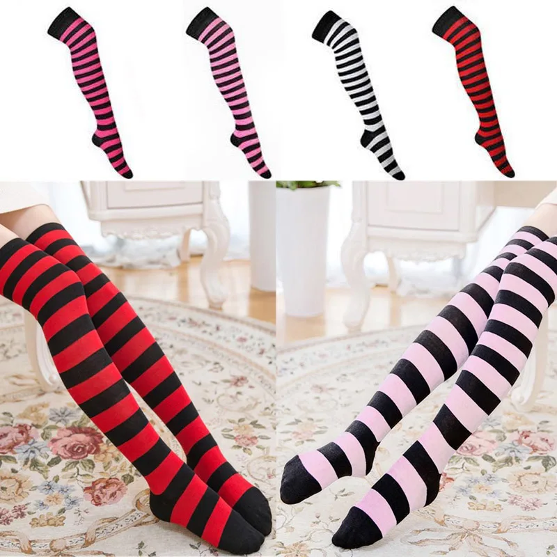 New Women Girls Over Knee Socks Stocking Long Stripe Printed Thigh High Striped Cotton Socks Sweet Cute Plus Size Overknee Socks