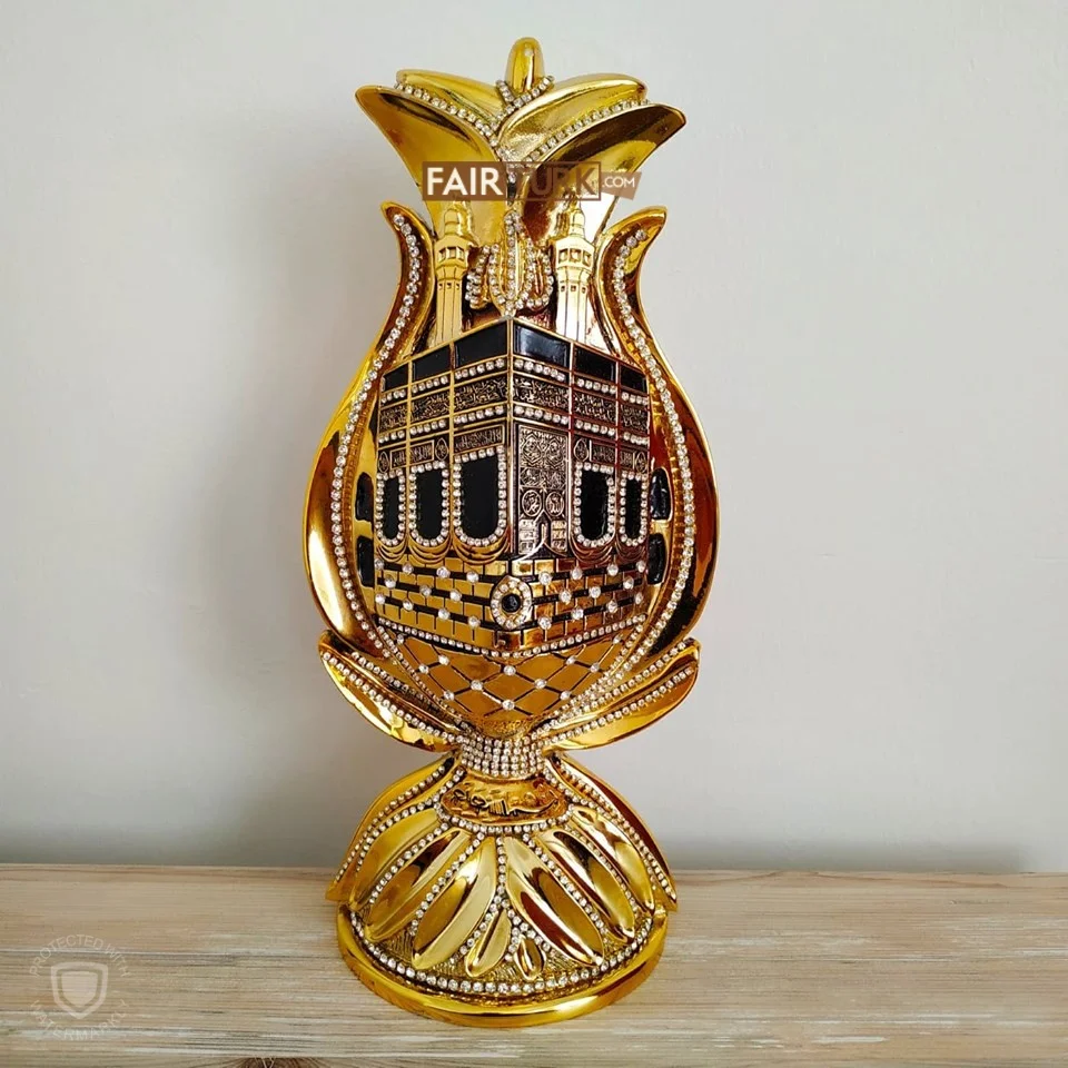 LaModaHome Tulip Design Kaaba Graved Islamic Table Gift In Gold Color