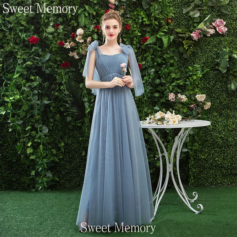 Custom Made Elegant Dusty Blue Bridesmaid Dresses Women Vestidos A-Line Tulle Party Gowns For Wedding Guest Dress Long