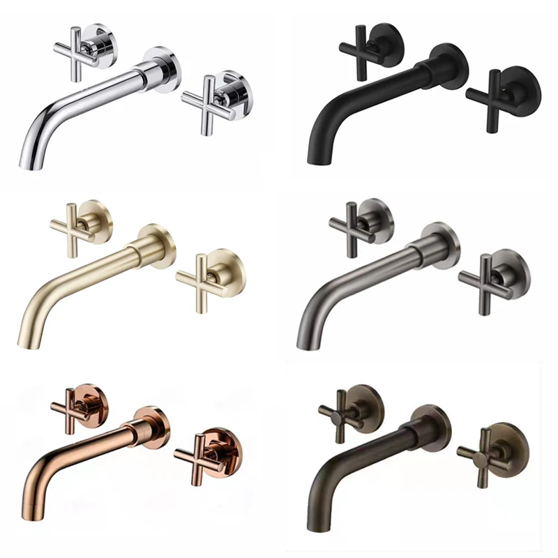 

Wall Mounted Brass Basin Faucet Double Handle Mixer Hot Cold Bathroom Water Wholesale Bath Shine Chrome Black Gold Metal Grey