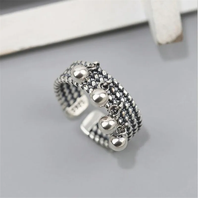 New Creative Tassel Round Beads Smooth 925 Sterling Silver Jewelry Retro Multi-layer Braided Personality Opening Rings TYB050