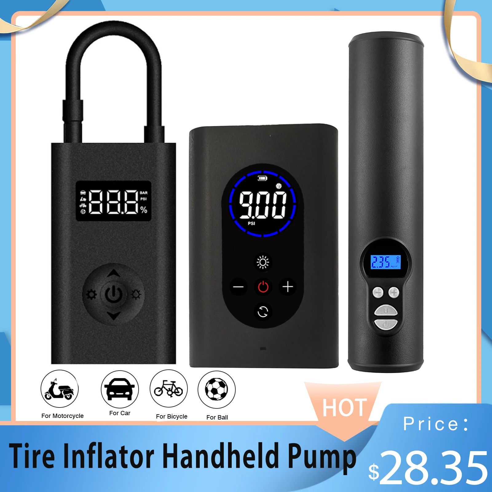 Car Air Pump Cordless Bike Electric Air Inflator Car Air Compressor Rechargeable Tire Pump Bicycle Tyre Inflatable&LCD Screen