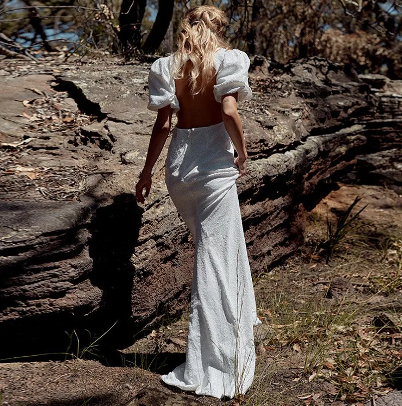 Robe De mariée sirène style Boho, à paillettes, avec manches courtes bouffantes, dos nu, pour la plage, nouvelle collection 2021