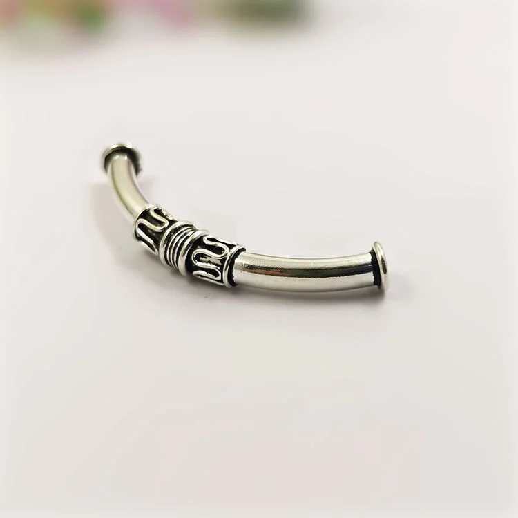 Handmade Thai 925 Silver Tube Bead Sterling Curved Tube Bead Longevity Symbol DIY Bracelet Bead Good Luck Jewelry Findings