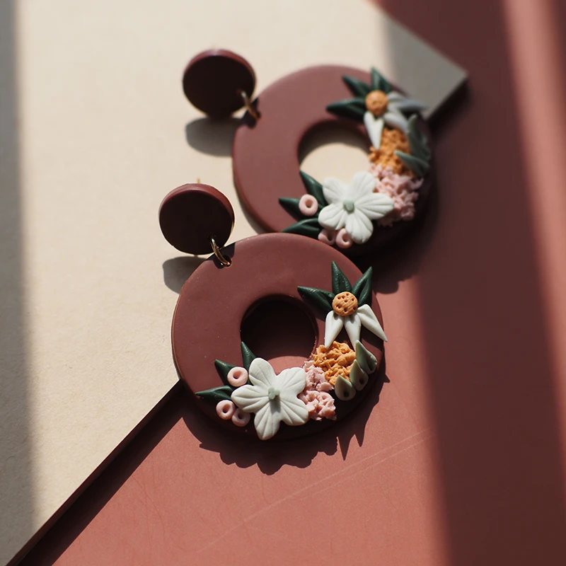 Handmade Beige Pink Polymer Clay Earring Sets with Detailed Flowers Multi Colors Hoop Pendant Dangle Women\'s Jewelry Gift for Pa