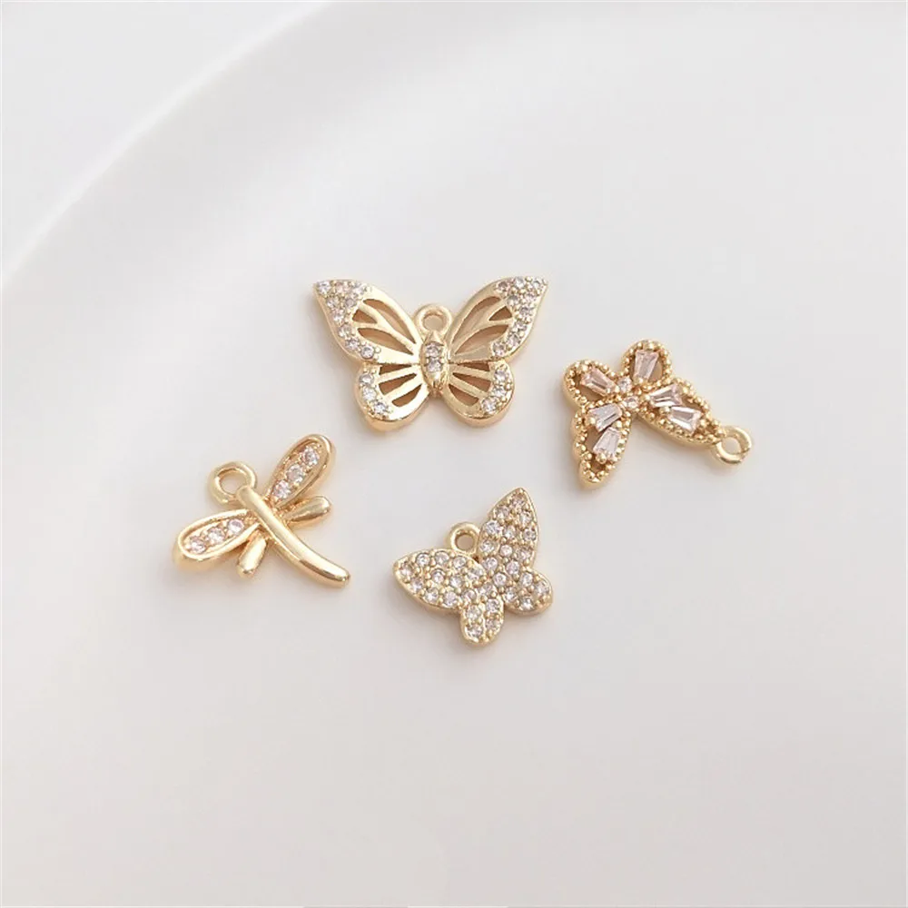 14K Gold Tiny zircon butterfly dragonfly pendant handmade diy bracelet pendant earrings pendant