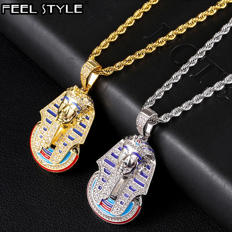 Hip Hop Iced Out Bling Cubic Zirconia Egyptian Pharaoh Necklaces & Pendants For Men Rapper Jewelry With Solid Back