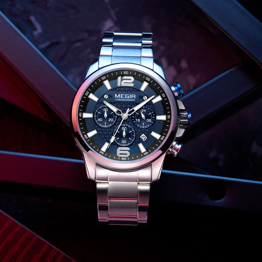MEGIR Top Luxury Brand Watch Full Steel Mens Sport Quartz Wrist Watch Men Luminous Waterproof Chronograph Military Date Clock