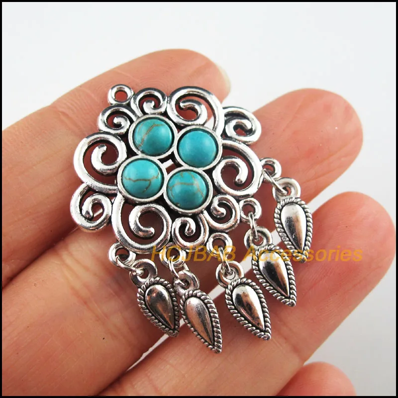 

4 New Flower Charms Tibetan Silver Stone Waterdrop Tassels Pendants Retro 30x42mm