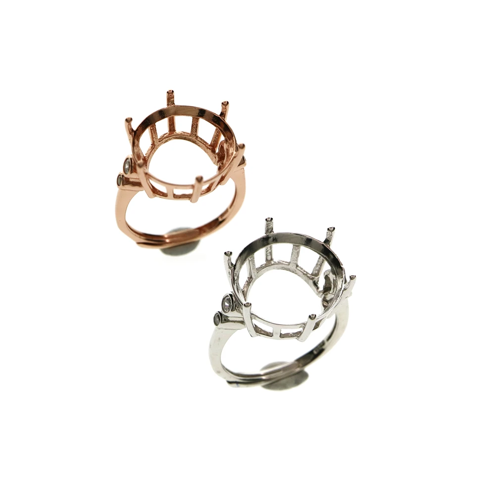 13-15MM round simple rose gold silver Gemstone CZ stone prong bezel solid 925 sterling silver adjustable ring settings 1210036