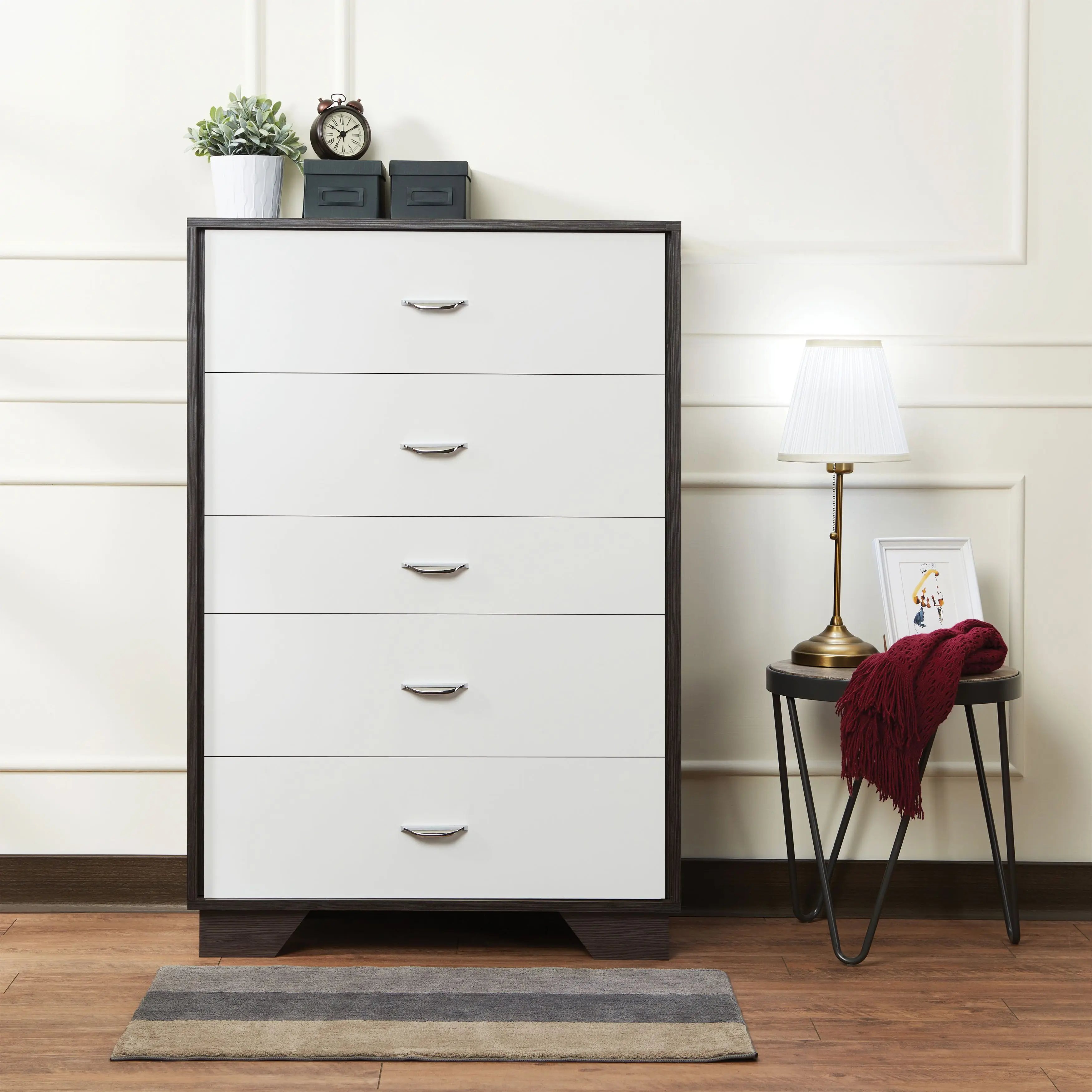 5 Drawers Side Table Chest of drawers  Eloy Chest in White & Espresso  Suitable for Bedroom Living Room US Warehouse