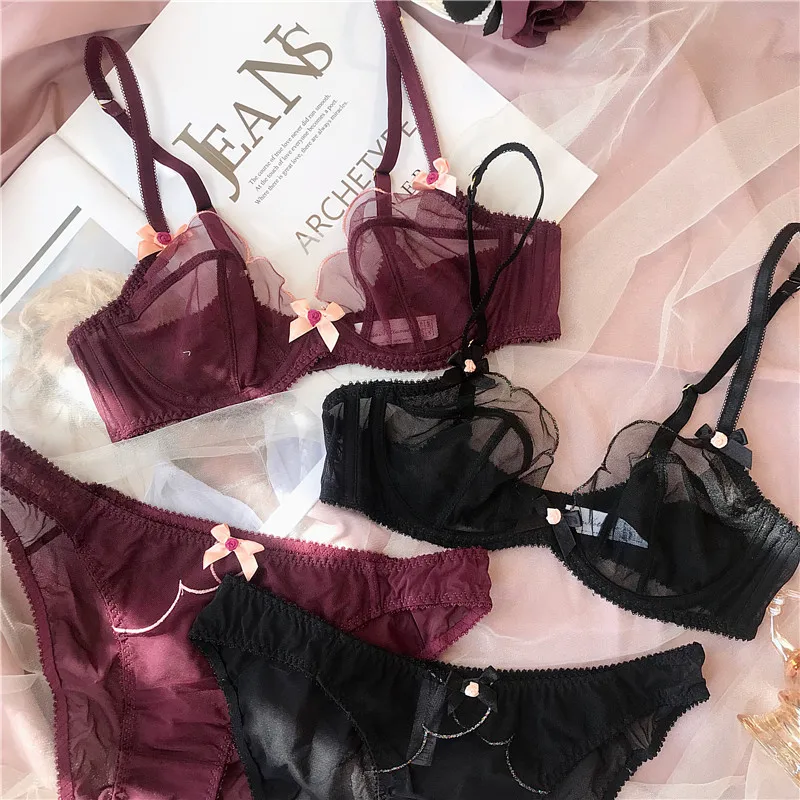 Sexy flower petals ultra-thin mesh lace lingerie set underwire gathered underwear transparent bralette comfortable women bra set