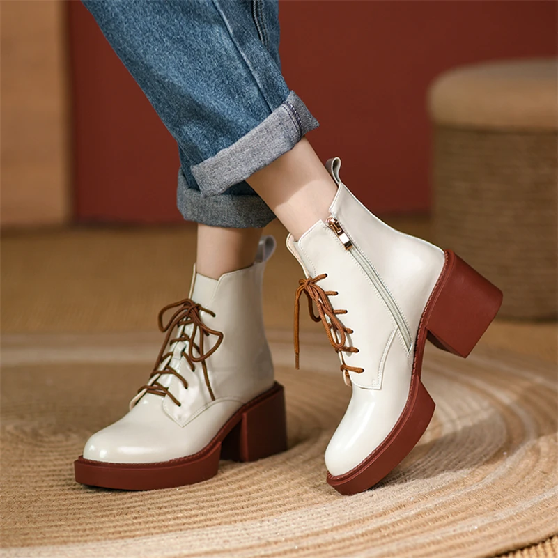 Meotina Women Shoes Genuine Leather Ankle Boots Platform Thick High Heel Boots Round Toe Zipper Lady Footwear 2021 Autumn Winter