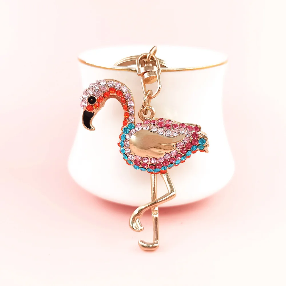 Shiny Rhinestone Flamingo Shape Cute Car Keychain Cell Phone Pendant Handbag Key Ring