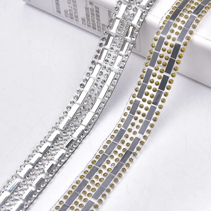 2 Yard Multiple Hot Fix Rhinestone Trim Clear Crystal Ribbon Strass Chain Tape Fabric Applique Banding For Wedding Dress Clothes