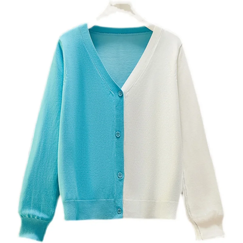 

Spring Autumn Knitted Sweater Women 2023 Korean Casual Long Sleeve V-Neck Cardigan Sweaters Female Stitching All-match Coat