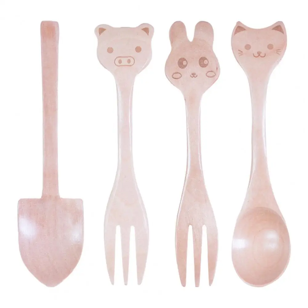 

Excellent Toddler Spoon Eco-friendly 4 Styles Wooden Spoon Coffee Tea Stirring Soup Cartoon Fork