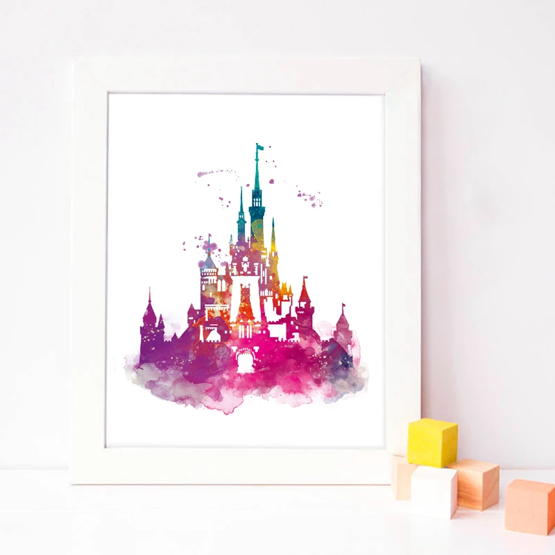Watercolour Princess Castle Canvas Art Prints And Poster Magic Kingdom Princess Castle Canvas Painting Decor картины obrazy