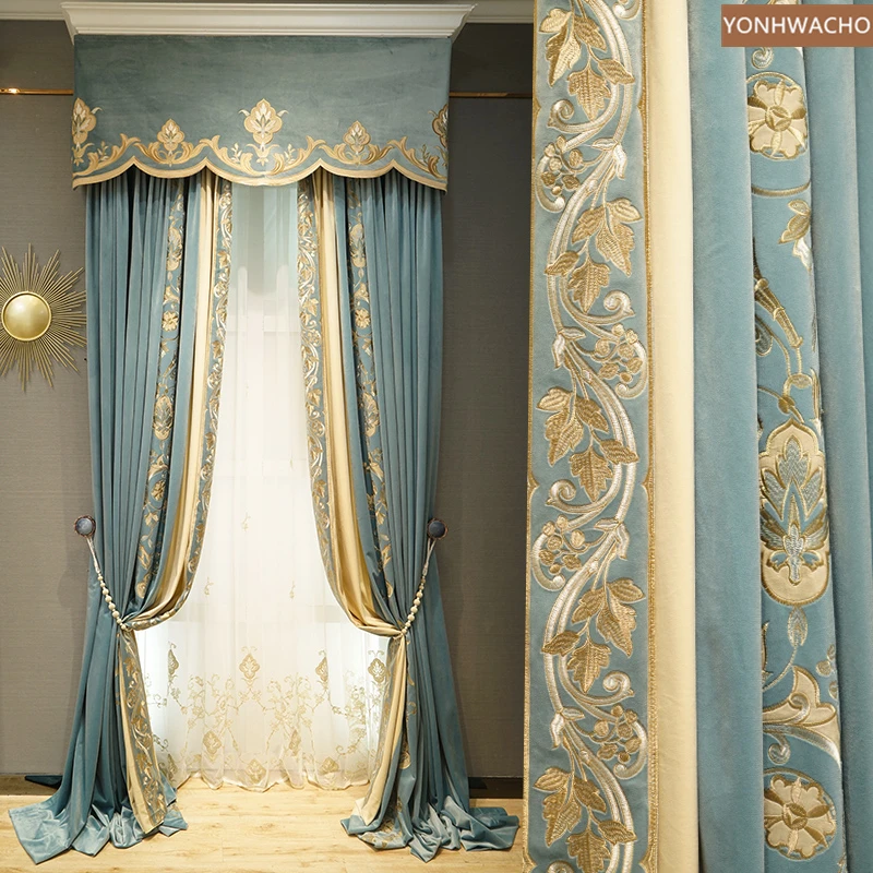 

Custom curtain flannel embroidered luxury bedroom shading velvet blue thick cloth blackout curtain valance tulle panel C628