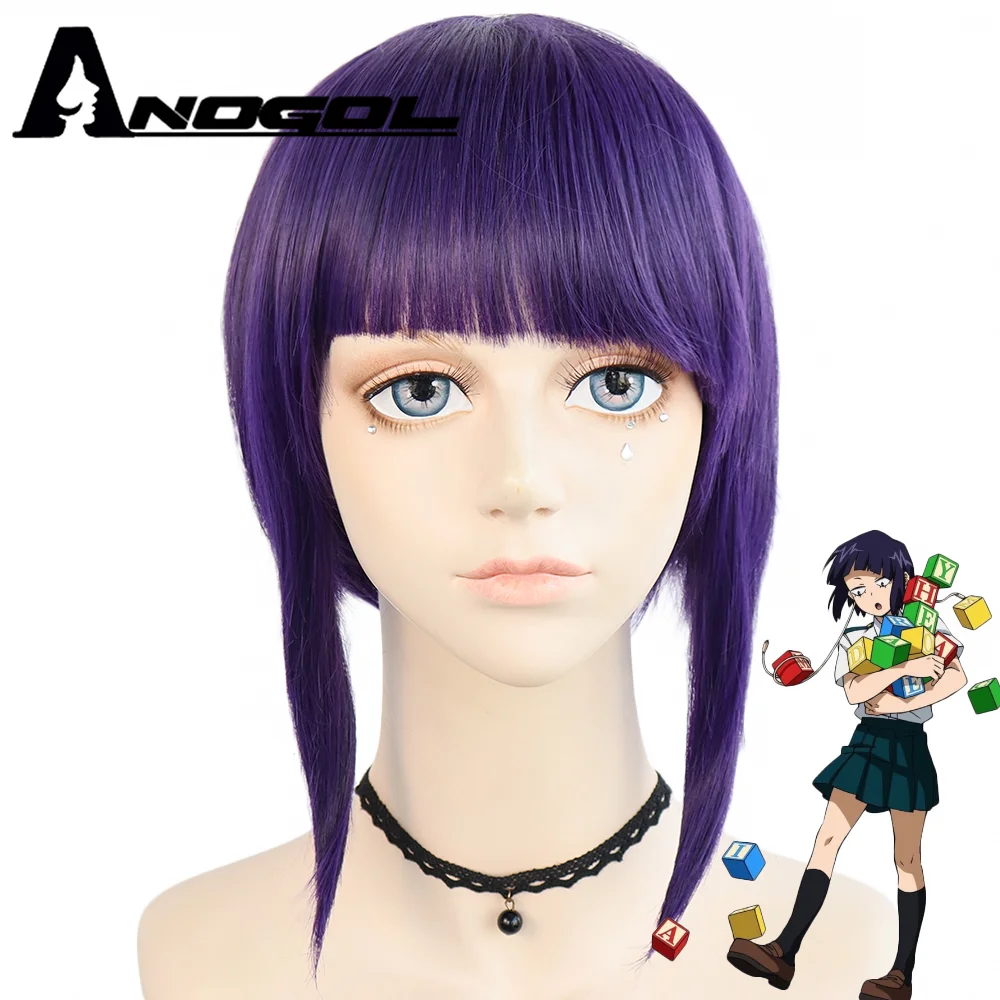 Anogol My Hero Academy Kyoka Jiro Anime Short Straight Bob Purple Synthetic Cosplay Wig For Role Play Halloween Party Costume