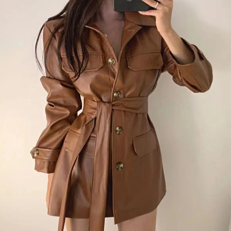 Korean Temperament Lapel Single Breasted Multi Pocket Lace Up Waist Long Sleeve Medium Long Leather Coat Women 2021  N115