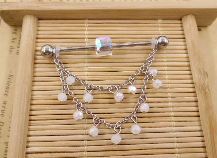 2022 Newest 8 Styles 14G Stainless Steel 14 Gauge Rainbow Moon Bead Triple Chain Dangle Industrial Barbell 38mm