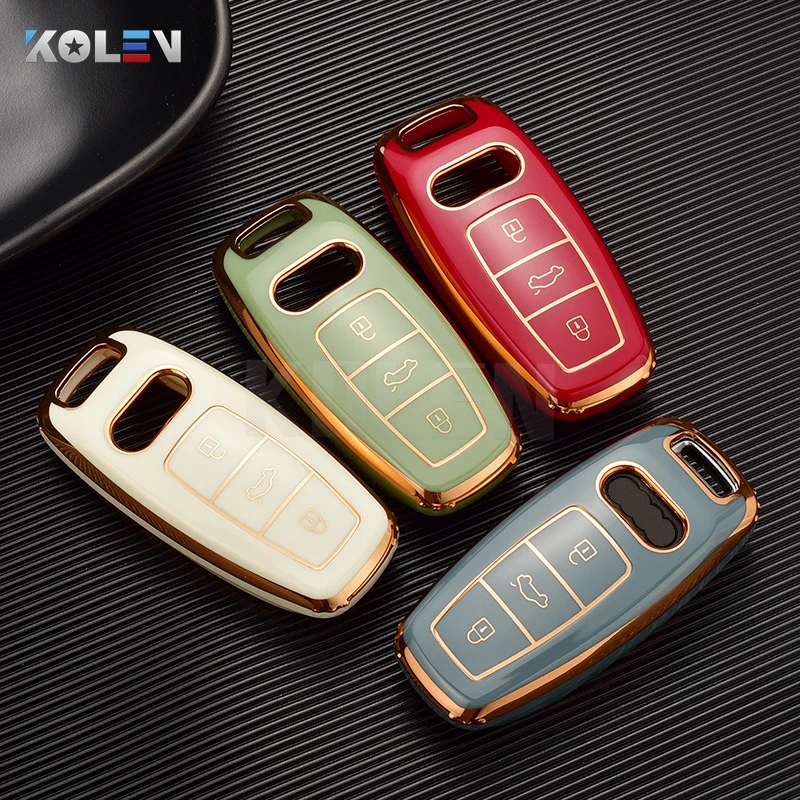 New TPU Car Remote Key Case Cover Shell Fob For Audi A6 A7 A8 E-tron Q5 Q8 C8 D5 Gold Edge Design Holder Protector Accessories