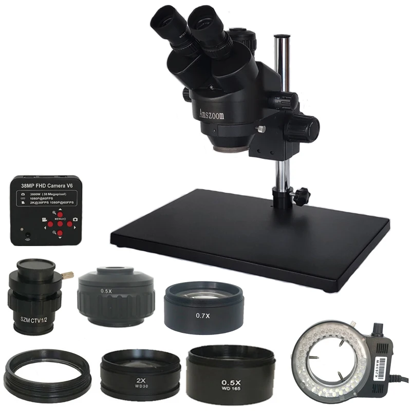 Trinocular Estéreo Zoom Mesa Suporte Microscópio Wf20x 0.5x 2.0x Lente Objetiva Auxiliar Pcb Jewerly Solda 7x45x 3.5x-90x