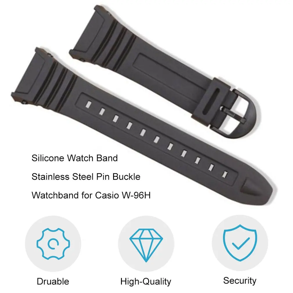Silicone Watch Band para Homens e Mulheres, Fivela De Pino De Aço Inoxidável, Pulseira para Casio W-96H Sports, Strap Bracelets