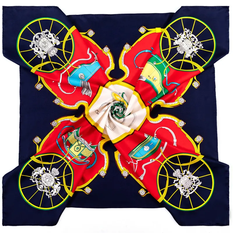 POBING Manual Hand Rolled Twill Silk Scarf Women Carriage Square Scarves Echarpes Foulards Femme Wraps Lady Bandana Hijabs 90CM