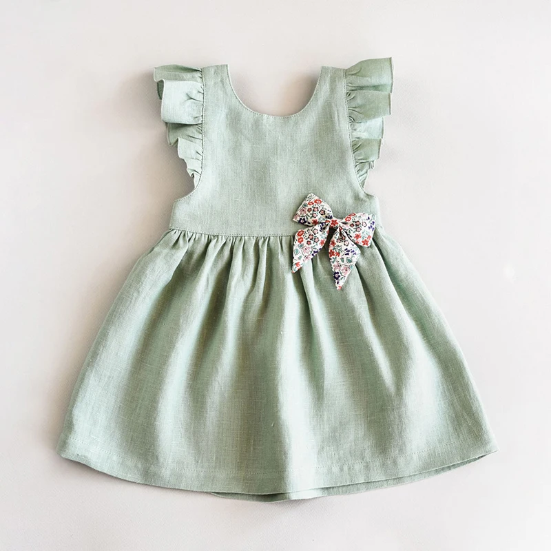 2024 Summer New Fresh And Cute Cotton And Linen Princess Dresses Girl Solid Color Ruffled Sleeveless Dress TZ47