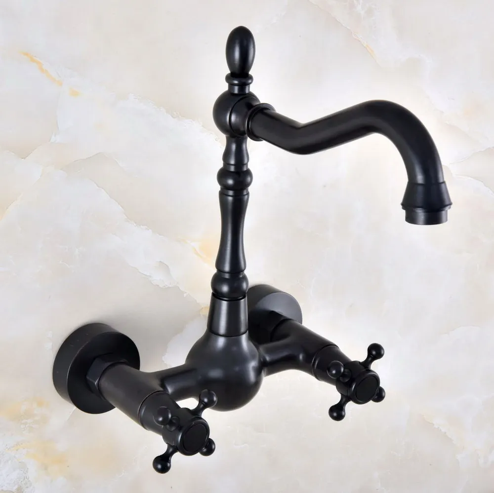 

Black Oil Rubbed Bronze Wall Mounted Bathroom Kitchen Sink Faucet Swivel Spout Mixer Tap Dual Cross Handles anf849