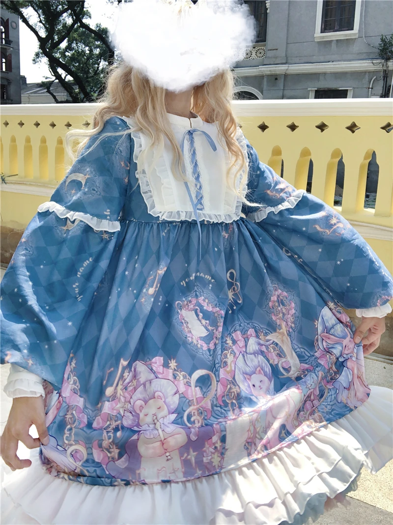 Japanese sweet lolita dress vintage stand puff sleeve high waist cute printing victorian dress kawaii girl gothic lolita op loli