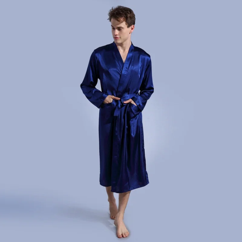 Retail Men\'s V Neck Satin Robe Kimono Long Bathrobe Pajamas Nightgown Lightweight Sleepwear for Wedding Party T104