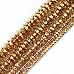 3/4/6/8/10mm Gold Color Flat Faceted Round Hematite Natural Stone Spacer Loose Bead For Jewelry Making Bracelets DIY Accessories