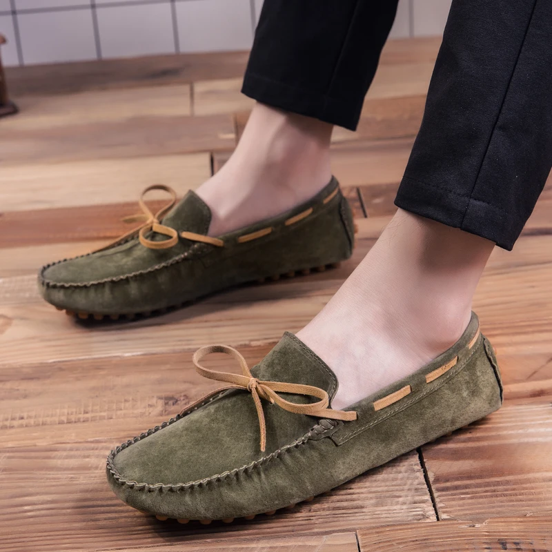 Army Green Suede Leather Penny Loafers Men Casual Shoes Man Moccasins Slip On Men\'s Flats Male Driving Shoes Big Size 38-47