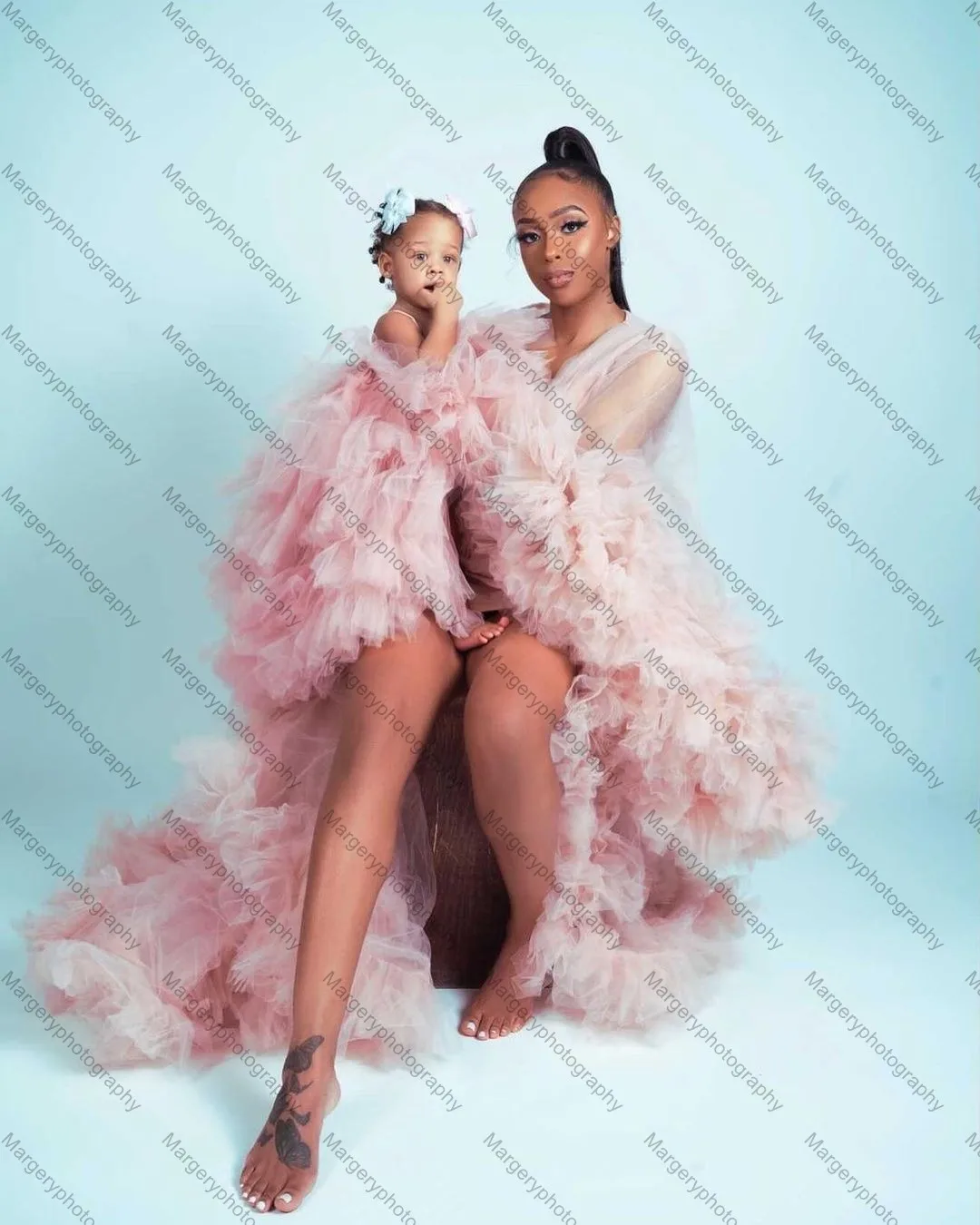 Mother And Kids Fluffy Tulle Dress To Photo-shoot Blush Pink Tiered Ruffles Baby Shower Robe Mom And Daughter Summer Party Gowns