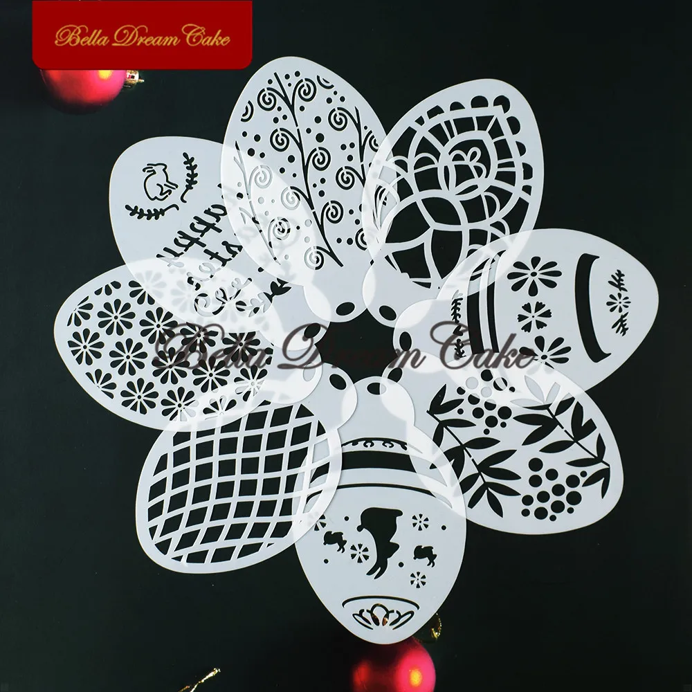 8pcs/set Easter Egg Design Cookies Stencil DIY Handmade Coffee Stencils Template PET Cake Mold Cake Decorating Tools Bakeware