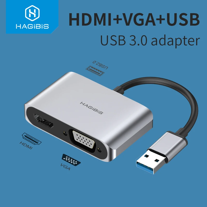 

Хагбис USB 3,0 к HDMI-совместимый адаптер VGA 1080P мульти-дисплей 2в1 USB к HDMI-совместимый конвертер для Windows 7/8/10 OS