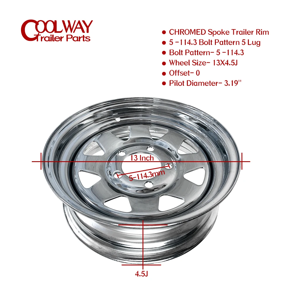 13 Inch X 4.5J Chromed Spoke Trailer Rim 5 -114.3 Car Bolt Pattern Caravan Boat RV Parts Accessories