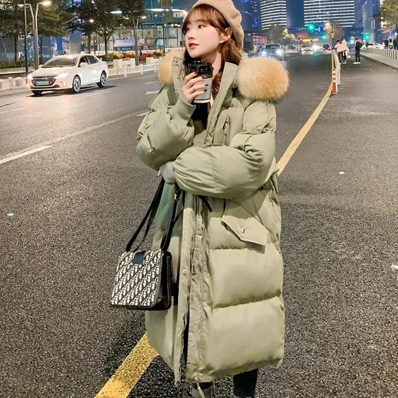 2025 New Winter Down Padded Jacket Women\'s Long Korean The Big Fur Collar Thick Padded Jacket Loose Bread Parkas Hooded Female