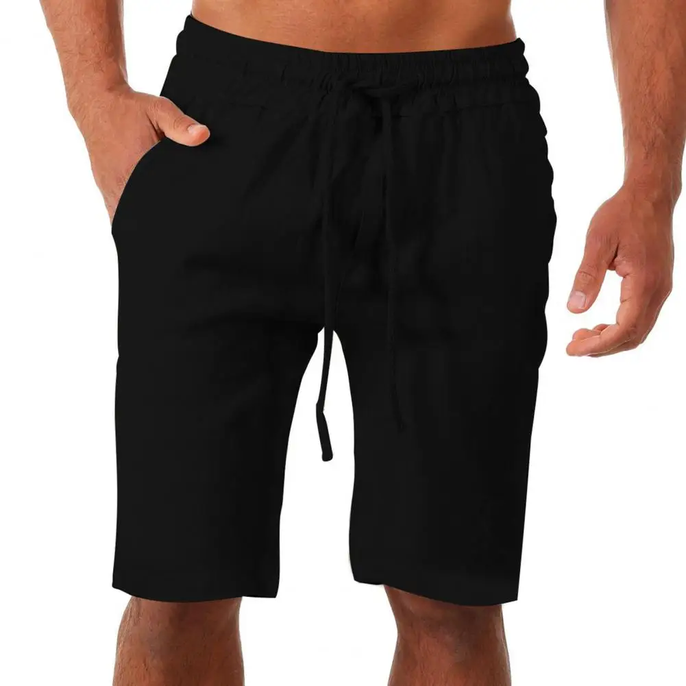 Solid Color Sports Shorts Knee Length Men Drawstring Two Pockets Training Shorts Streetwear