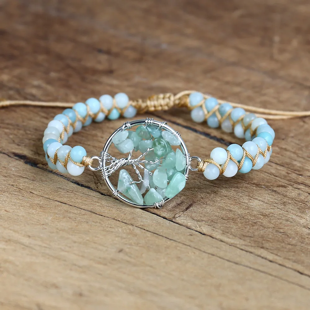 Amazonite Stone Tree of Life Bracelet Yoga Chakra String Beads Braided Charm Bracelet Women Men Handmade Jewelry