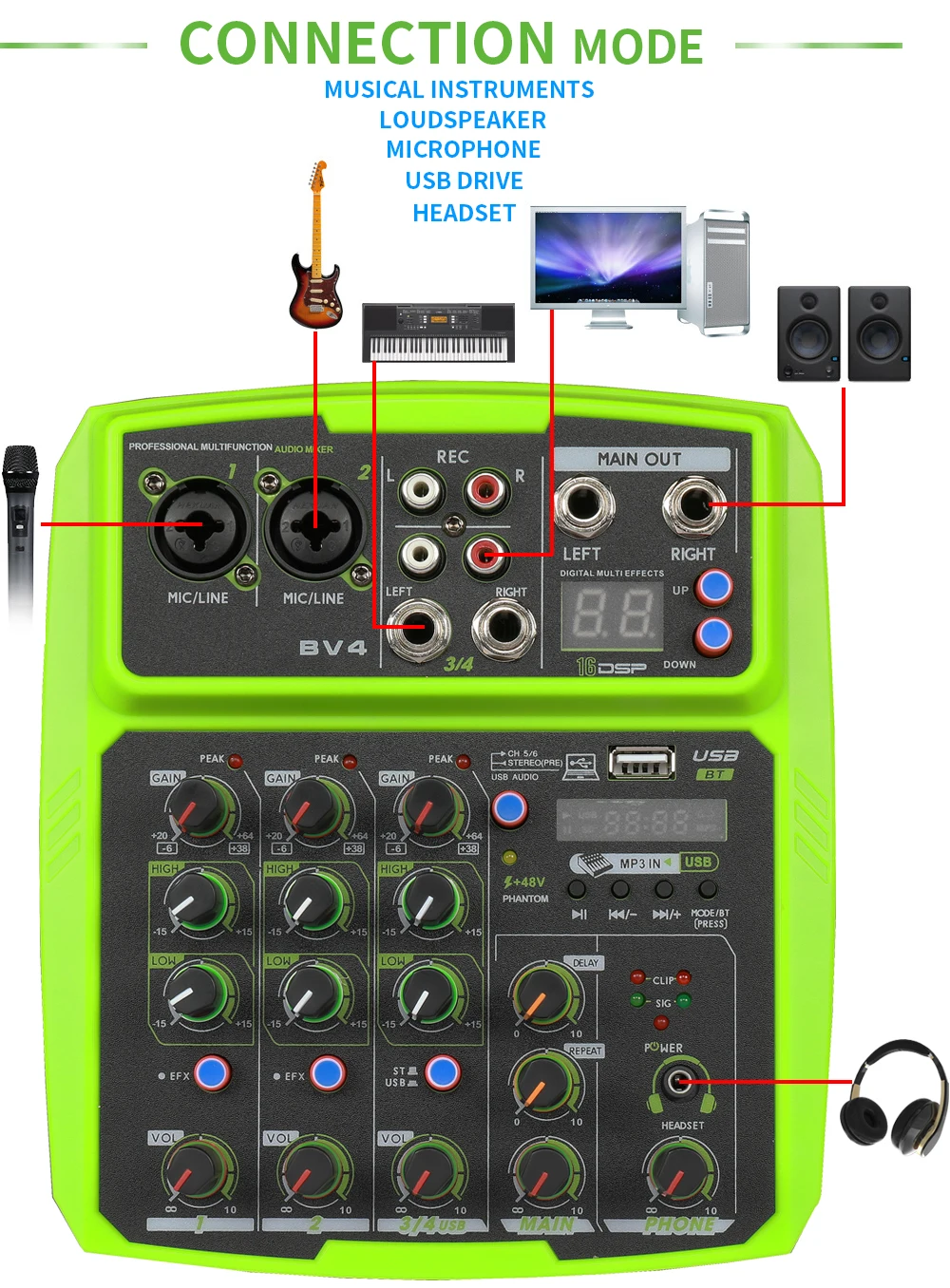 بطاقة صوت USB مباشرة مع 16 DSP/بلوتوث/MP3 6-قناة المؤثرات الرقمية الصوت خلاط المنزل المرحلة في الهواء الطلق الصوت خلاط