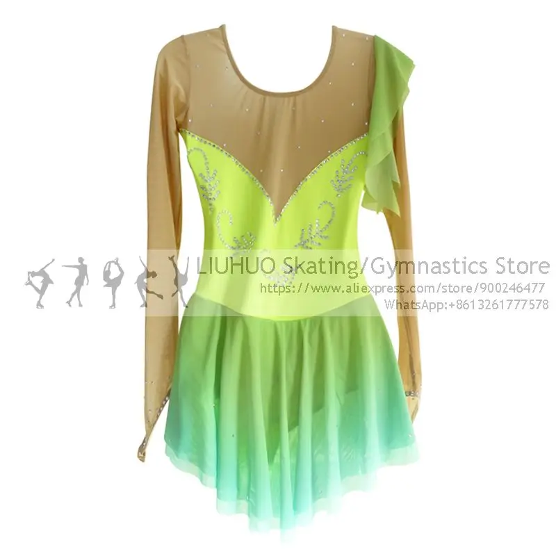 Figure Skating dress Women Kids Christmas Gifts Yellow green competition skating performence wear Children dance costumes