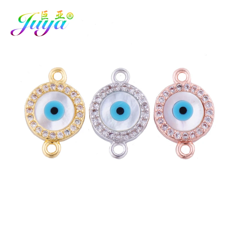 Juya DIY Jewelry Accessories Supplies Gold/Silver Color Shell Turkish Greek Evil Eye Charm Connector For Bracelet Earring Making