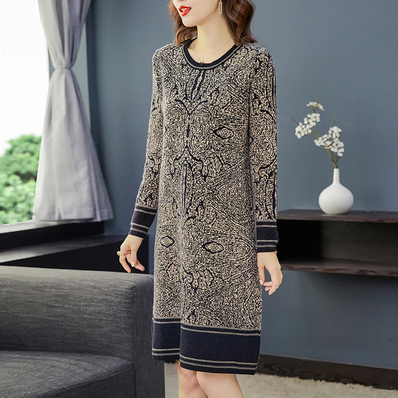 2024 Casual Knitting Jacquard O-Neck Sweater Midi Dress Autumn Winter Vintage Long Sleeve Dresses Women Elegant Bodycon Vestidos