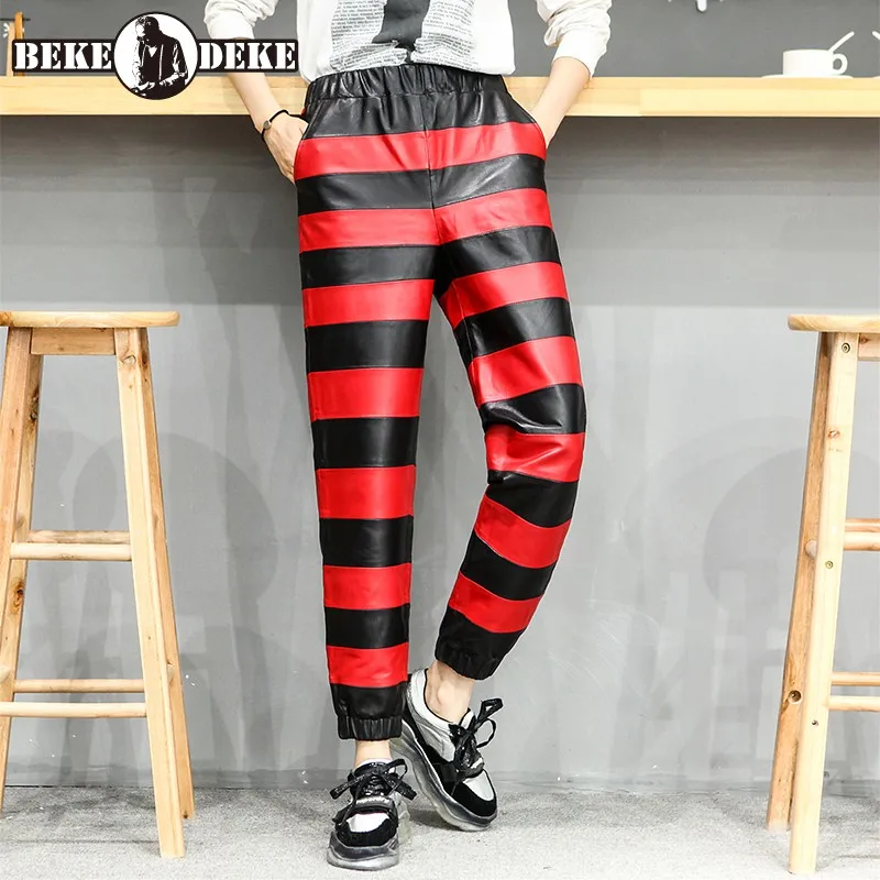 100% Genuine Leather Ankle-Length Pants Women Street Elastic Waist Striped Sheepskin Sweatpants Casual Harem Pants