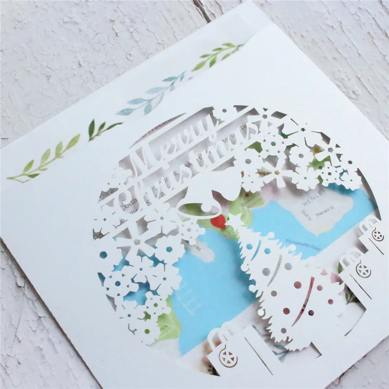 Merry Christmas greeting card xmas party invitation hollow laser cut pocket 50 pcs